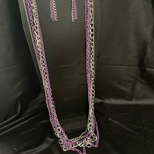Paparazzi Purple and Silver Layered Lanyard Necklace and Matching Earrings